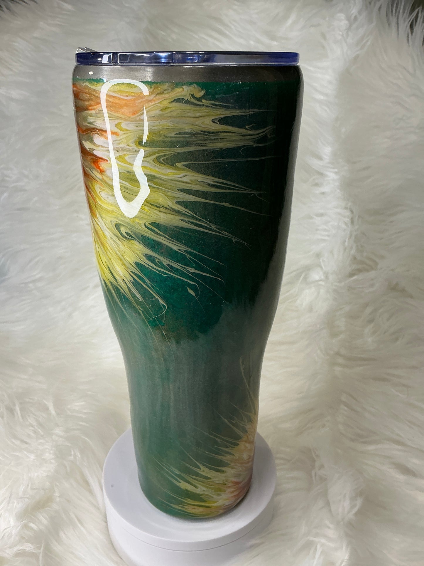#691.  40 oz Modern Curve in a Green Patina Sunflower