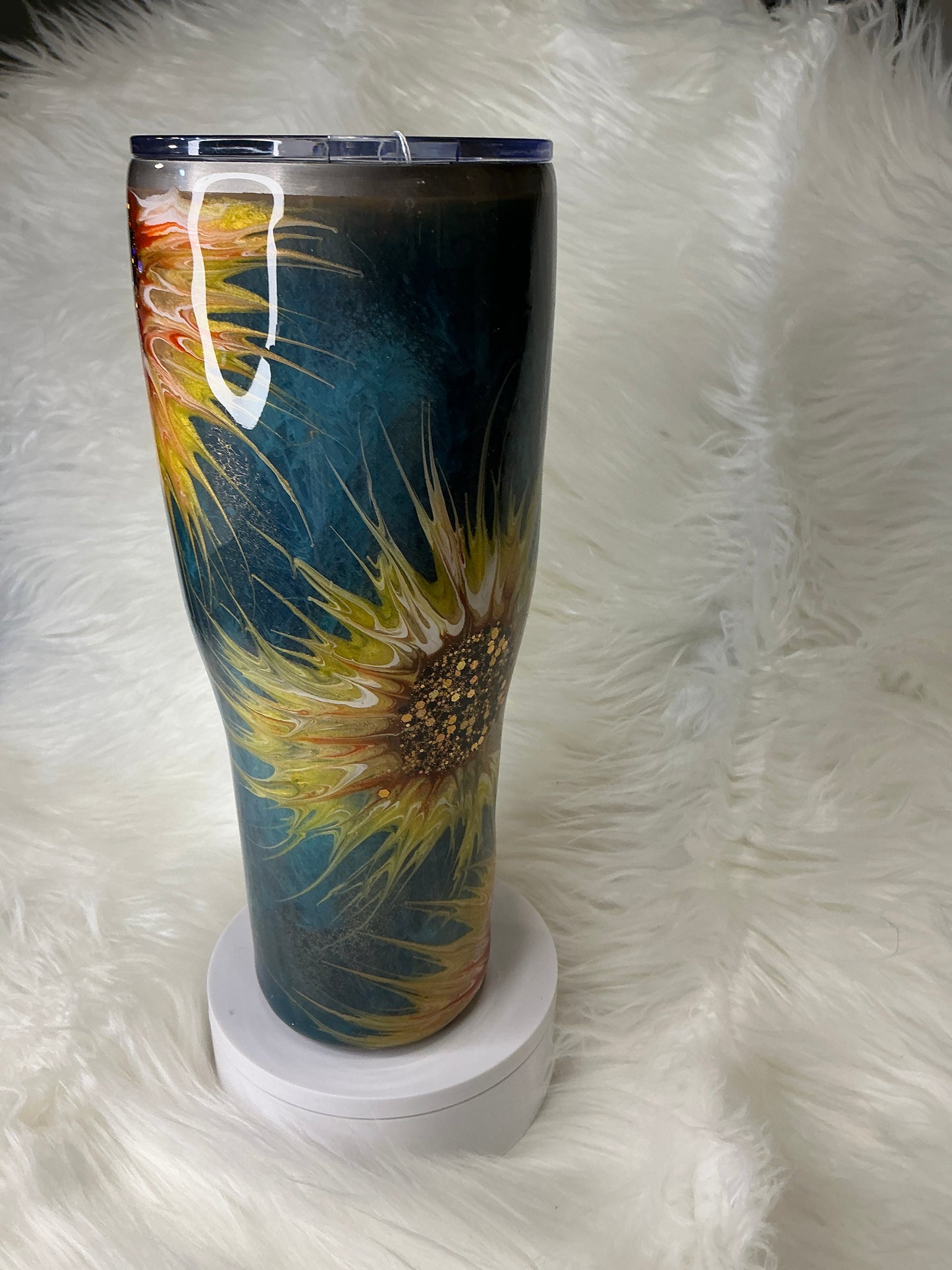 #688.  40 oz Modern Curve in a Teal Patina Sunflower