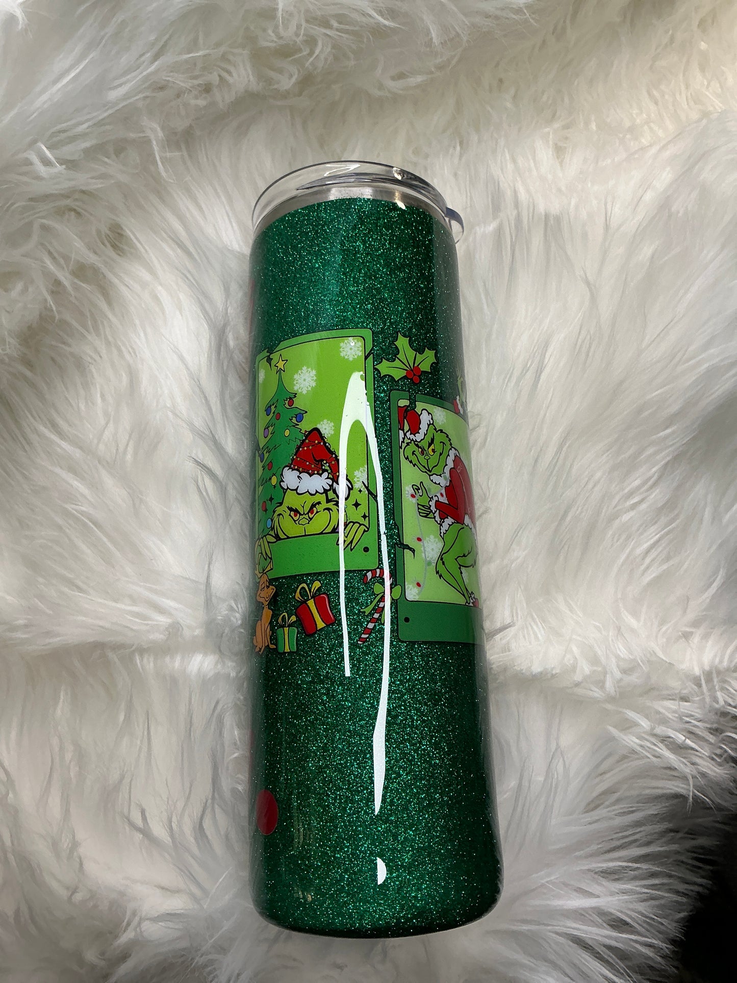 #39.   30 oz Skinny  Green Guy with a Fine Green Glitter Base