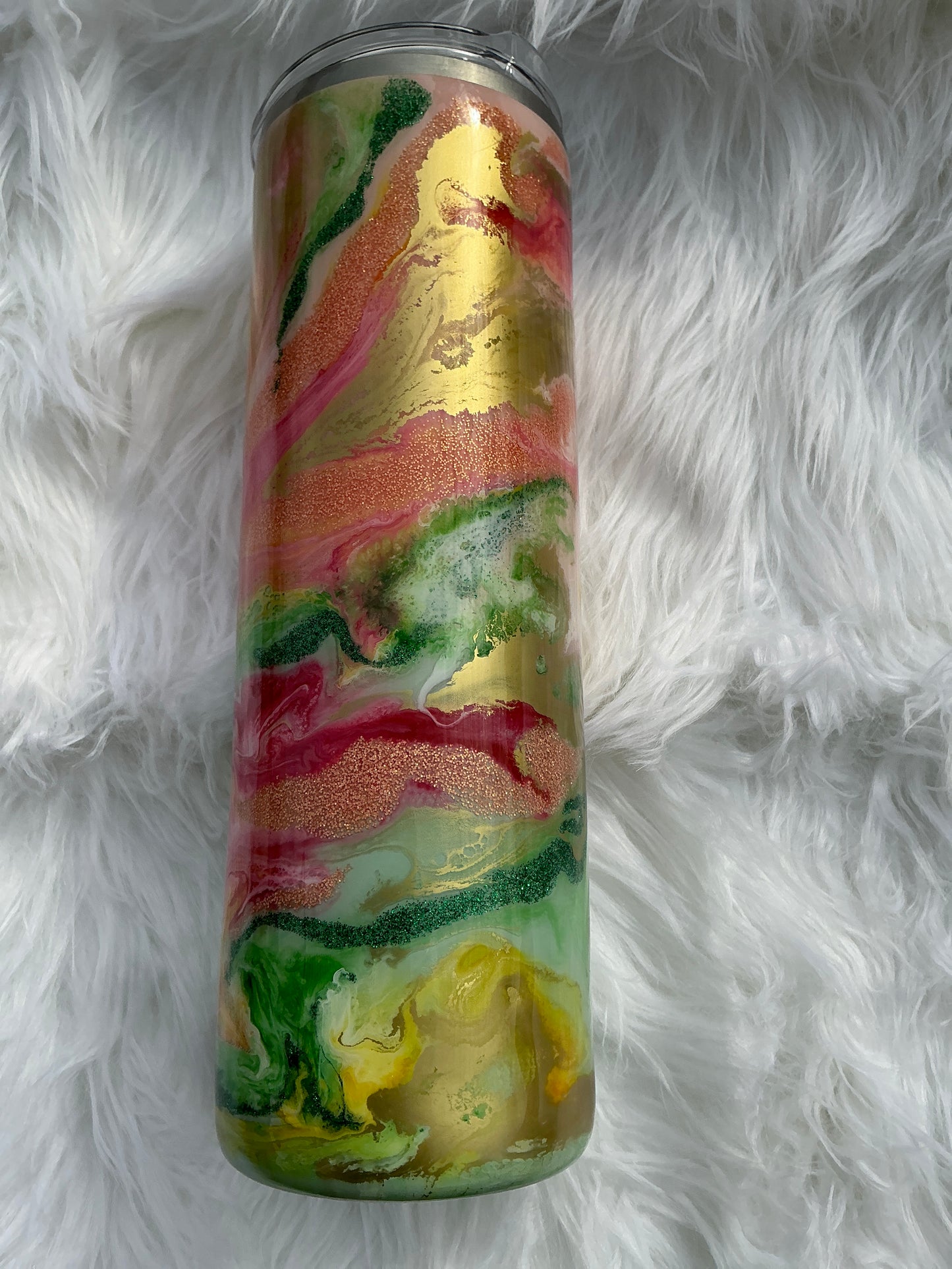 #301.    30 oz Skinny  - Pink, Green, Coral Ink Swirl on a Green Base