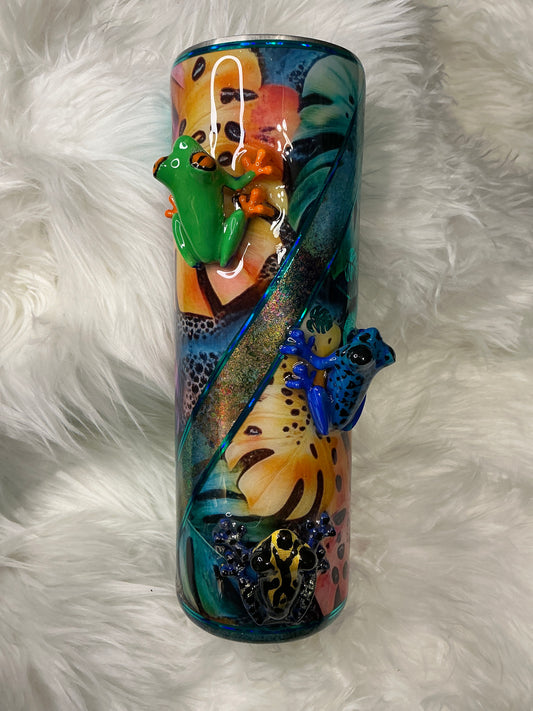 #608. 30 oz skinny tumbler with 3-D Tropical Frogs