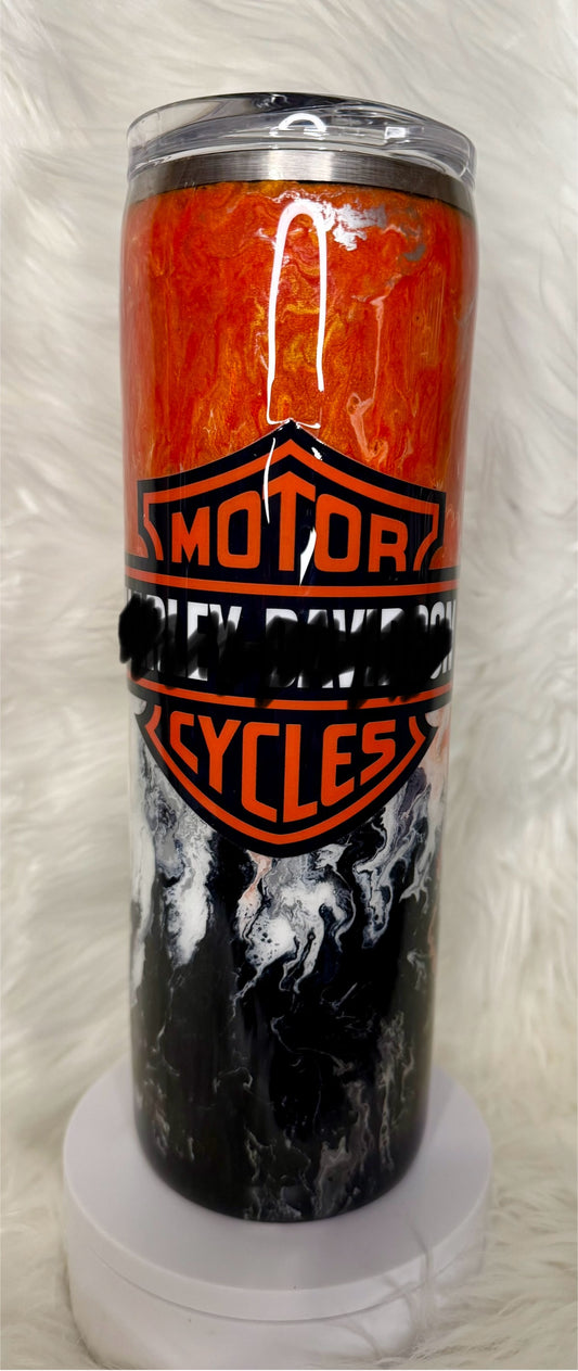 #707.  30 oz Skinny with Orange & Black Motorcycle with GLOW