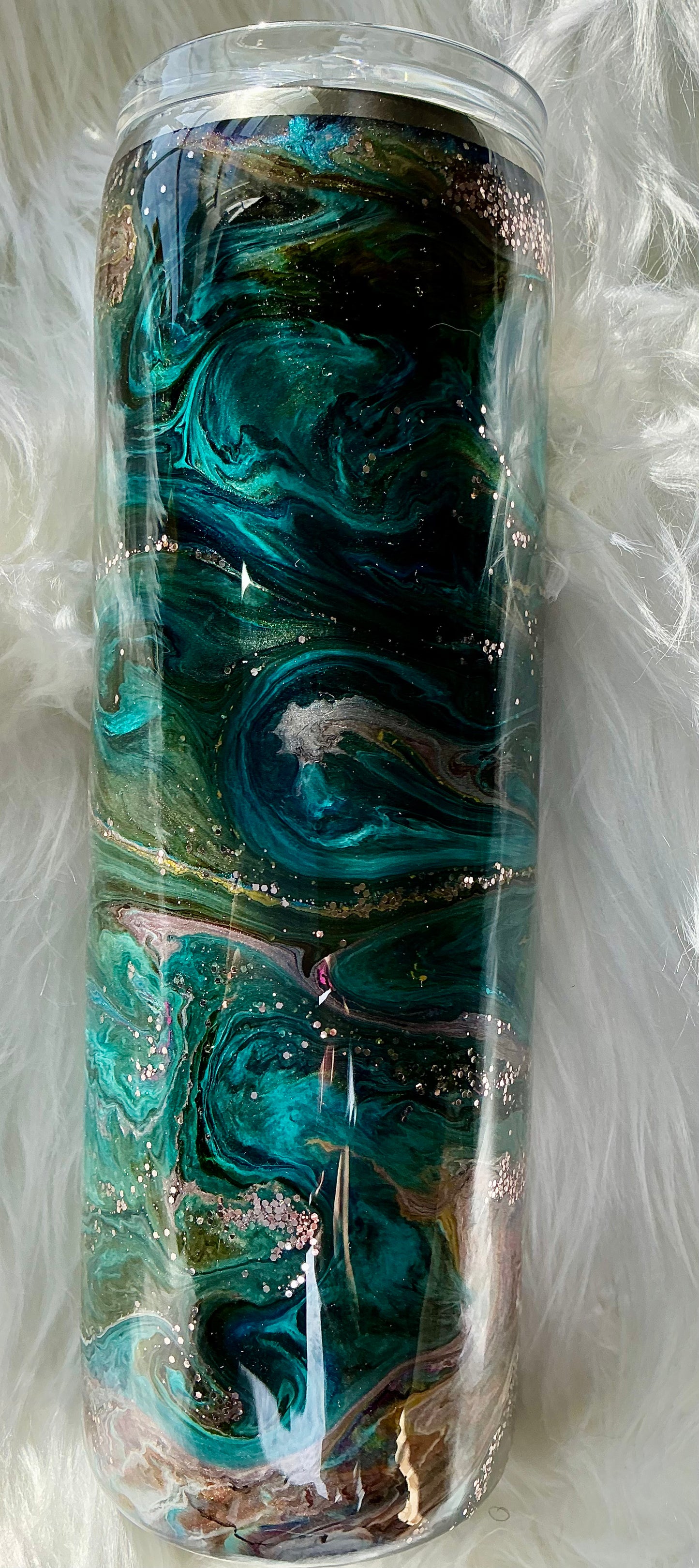 #327.   30 oz skinny tumbler with Blue, Green, and Pink Swirls