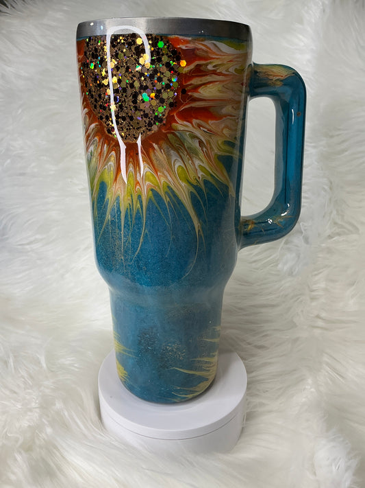 #686. 40 oz Traveler in a Teal Patina Sunflower